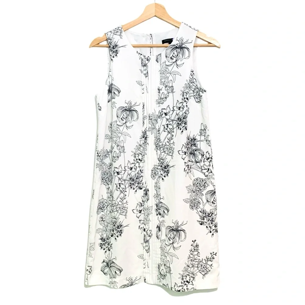 Banana Republic Floral Print Pintuck Shift Dress Size 2 Black White Summer Dress